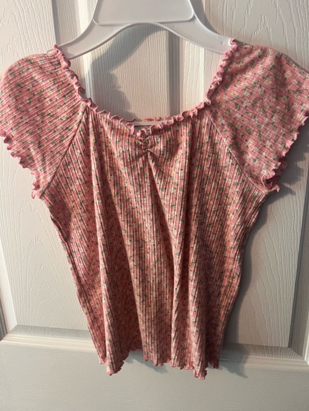 Old Navy Pink Ribbed Floral Short Sleeve Scoop Top